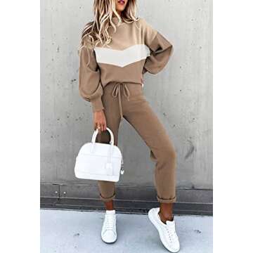 Meenew Womens 2 Piece Sweatsuit Outfits Long Sleeve Pullover Tops High Waist Jogger Pants Lounge Sets Beige L