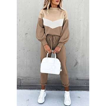 Meenew Womens 2 Piece Sweatsuit Outfits Long Sleeve Pullover Tops High Waist Jogger Pants Lounge Sets Beige L