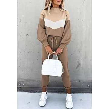 Meenew Womens 2 Piece Sweatsuit Outfits Long Sleeve Pullover Tops High Waist Jogger Pants Lounge Sets Beige L