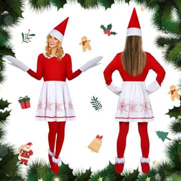 Seematn 5 Pcs Christmas Elf Costume for Women Red Santa Elf Helper Snowflakes Dress Outfit Gloves Hat Leggings Elf Shoes(Women, Medium)