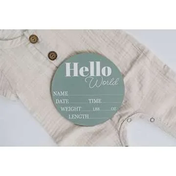 Hickory Hollow Designs - Baby Announcement Sign for Newborn Boys and Girls (Color Bases) - Hello World Nursery Decor Sign & Photo Prop for Babies Made of Birch Wood - 6" Circle Board (Sage)