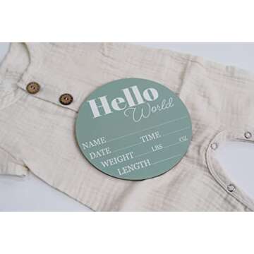Hickory Hollow Designs - Baby Announcement Sign for Newborn Boys and Girls (Color Bases) - Hello World Nursery Decor Sign & Photo Prop for Babies Made of Birch Wood - 6" Circle Board (Sage)