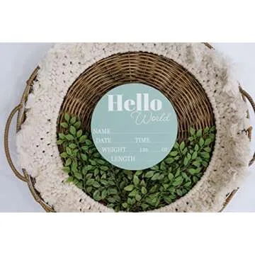 Hickory Hollow Designs - Baby Announcement Sign for Newborn Boys and Girls (Color Bases) - Hello World Nursery Decor Sign & Photo Prop for Babies Made of Birch Wood - 6" Circle Board (Sage)