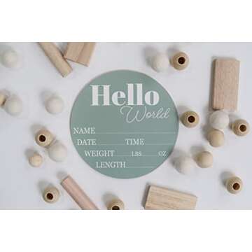 Hickory Hollow Designs - Baby Announcement Sign for Newborn Boys and Girls (Color Bases) - Hello World Nursery Decor Sign & Photo Prop for Babies Made of Birch Wood - 6" Circle Board (Sage)