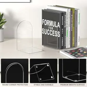 ALOTCHE Acrylic Bookends 4 Pieces, Book Ends for Shelves, Clear Bookends for Book Shelves and Desktop Organizer, Transparent Bookends to Hold Books for Home Office Supplies