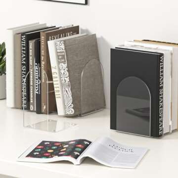 ALOTCHE Acrylic Bookends 4 Pieces, Book Ends for Shelves, Clear Bookends for Book Shelves and Desktop Organizer, Transparent Bookends to Hold Books for Home Office Supplies
