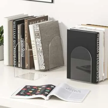 ALOTCHE Acrylic Bookends 4 Pieces, Book Ends for Shelves, Clear Bookends for Book Shelves and Desktop Organizer, Transparent Bookends to Hold Books for Home Office Supplies