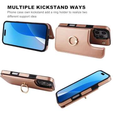 ONETOP for iPhone 16 Pro Max Wallet Case with Card Holder, 360° Rotation Ring Kickstand RFID Blocking PU Leather Double Magnetic Clasp Shockproof Cover for Women and Girls 6.9 Inch (Rose Gold)