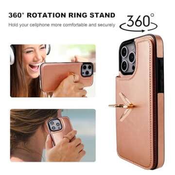 ONETOP for iPhone 16 Pro Max Wallet Case with Card Holder, 360° Rotation Ring Kickstand RFID Blocking PU Leather Double Magnetic Clasp Shockproof Cover for Women and Girls 6.9 Inch (Rose Gold)