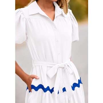 PRETTYGARDEN Women's Summer Maxi Dress Button Down Puff Short Sleeve Ruffle Casual Elegant Long Flowy Shirt Dresses with Belt (White_Blue,Large)