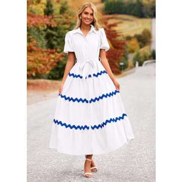 PRETTYGARDEN Women's Summer Maxi Dress Button Down Puff Short Sleeve Ruffle Casual Elegant Long Flowy Shirt Dresses with Belt (White_Blue,Large)