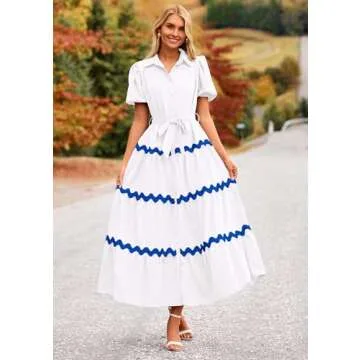 PRETTYGARDEN Women's Summer Maxi Dress Button Down Puff Short Sleeve Ruffle Casual Elegant Long Flowy Shirt Dresses with Belt (White_Blue,Large)