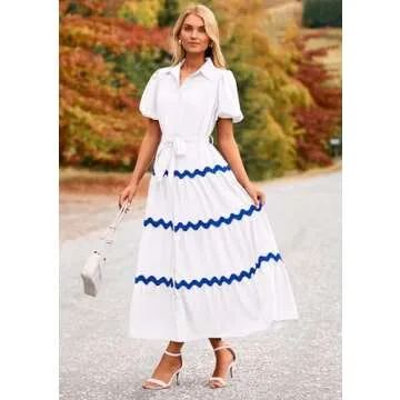 PRETTYGARDEN Women's Summer Maxi Dress Button Down Puff Short Sleeve Ruffle Casual Elegant Long Flowy Shirt Dresses with Belt (White_Blue,Large)