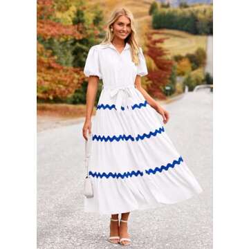 PRETTYGARDEN Women's Summer Maxi Dress Button Down Puff Short Sleeve Ruffle Casual Elegant Long Flowy Shirt Dresses with Belt (White_Blue,Large)