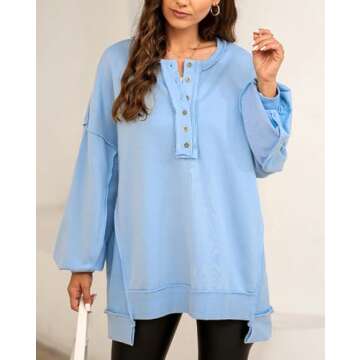 cffvdiz Women's Casual Half Button Oversized Sweatshirt Patchwork Drop Shoulder Long Sleeve Roundnec...