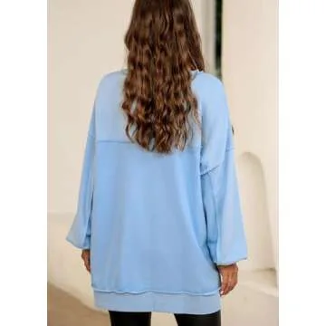 cffvdiz Women's Casual Half Button Oversized Sweatshirt Patchwork Drop Shoulder Long Sleeve Roundneck Preppy Pullovers,Sky blue,M