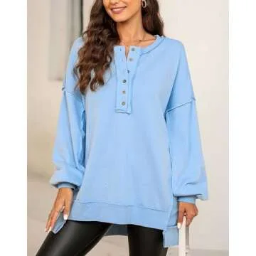 cffvdiz Women's Casual Half Button Oversized Sweatshirt Patchwork Drop Shoulder Long Sleeve Roundneck Preppy Pullovers,Sky blue,M