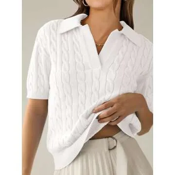 ANRABESS Women's Short Sleeve Sweaters Tops Polo V Neck Cable Knit Casual Soft Pullover Shirts 2025 ...