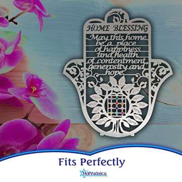 Metal Laser Cut 18CM Hamsa hand Wall Decor Evil Eye Charm Protection, Tree Of Blessings & Priestly Breastplate Stones of The Choshen Design Amulet Home/Business Good Luck Charms, English Home Blessing