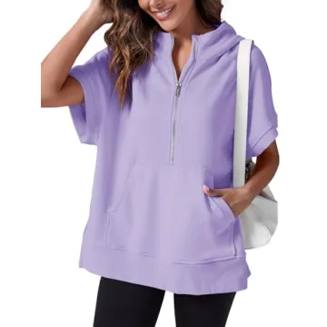 Fisoew Womens Oversized Half Zip Hoodies Short Sleeve Casual Sweatshirts Pullover Tops with Pockets ...