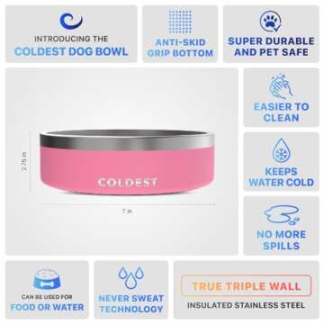 Coldest Dog Bowl - Anti Rust Metal & Non Slip Dog Bowls Large, Spill Proof Heavy Duty 3 Layers Insulated Dog Bowl - Food and Water Bowl for Dogs, Cats & Pets, Dishwasher Safe (42 oz,Cotton Candy Pink)