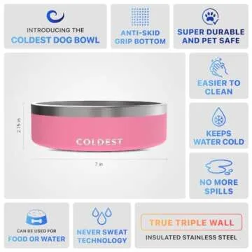 Coldest Dog Bowl - Anti Rust Metal & Non Slip Dog Bowls Large, Spill Proof Heavy Duty 3 Layers Insulated Dog Bowl - Food and Water Bowl for Dogs, Cats & Pets, Dishwasher Safe (42 oz,Cotton Candy Pink)