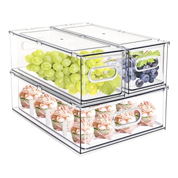 MineSign Set of 3 Stackable Refrigerator Organizer Bins Pull-Out Drawers for Fruit and Veggies Divid...