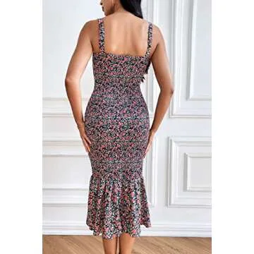 PRETTYGARDEN Women's Summer Floral Midi Tank Dress Sleeveless Strappy Ruffle Hem Smocked Bodycon Dresses (Black Red Floral,X-Large)