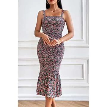 PRETTYGARDEN Women's Summer Floral Midi Tank Dress Sleeveless Strappy Ruffle Hem Smocked Bodycon Dresses (Black Red Floral,X-Large)