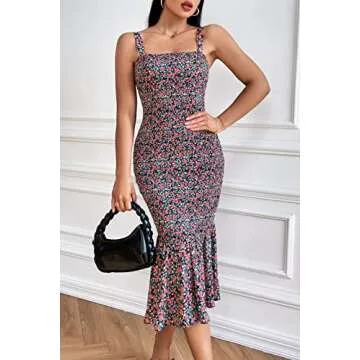 PRETTYGARDEN Women's Summer Floral Midi Tank Dress Sleeveless Strappy Ruffle Hem Smocked Bodycon Dresses (Black Red Floral,X-Large)