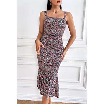 PRETTYGARDEN Women's Summer Floral Midi Tank Dress Sleeveless Strappy Ruffle Hem Smocked Bodycon Dresses (Black Red Floral,X-Large)