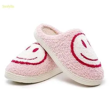 Cute Smile Face Slippers for Women and Men,Soft Plush Comfy Warm Couple Slip-On House Happy Face Slippers For Winter Indoor Outdoor Smile Slippers Non-slip Fuzzy Flat Slides Pink White 4243