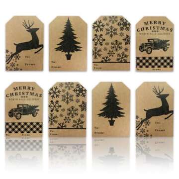 Natural Kraft Holiday Adhesive Gift Tag Stickers – 2 x 3 Inch Labels, Roll of 100 with 4 Vintage-I...