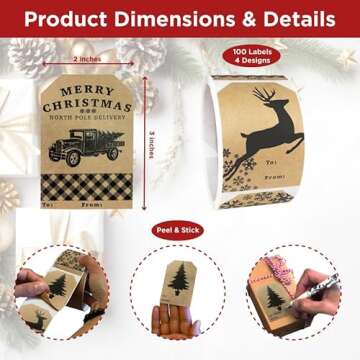 Natural Kraft Holiday Adhesive Gift Tag Stickers – 2 x 3 Inch Labels, Roll of 100 with 4 Vintage-Inspired Designs – Rustic Christmas Tags, Made in The USA