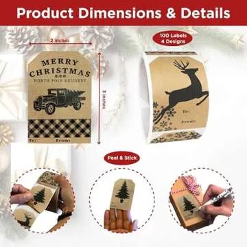 Natural Kraft Holiday Adhesive Gift Tag Stickers – 2 x 3 Inch Labels, Roll of 100 with 4 Vintage-Inspired Designs – Rustic Christmas Tags, Made in The USA