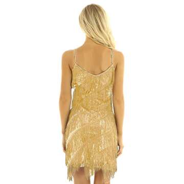 CHICTRY Women's Spaghetti Straps Tassels Sequin Fringe Flapper Dress Party Dancewear Night Mini Dress Gold One Size