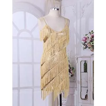 CHICTRY Women's Spaghetti Straps Tassels Sequin Fringe Flapper Dress Party Dancewear Night Mini Dress Gold One Size