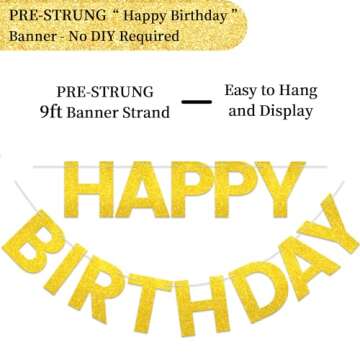 LITAUS Happy Birthday Banner 9ft Gold Glitter - Pre-Strung No DIY Backdrop Sign for Parties, Adults,...