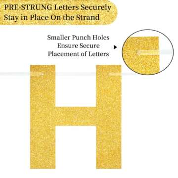 LITAUS Happy Birthday Banner 9ft Gold Glitter - Pre-Strung No DIY Backdrop Sign for Parties, Adults, Kids, Boys & Girls - Reusable Birthday Decorations & Party Supplies