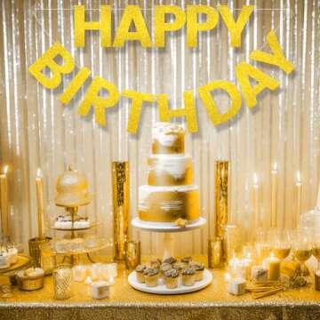 LITAUS Happy Birthday Banner 9ft Gold Glitter - Pre-Strung No DIY Backdrop Sign for Parties, Adults, Kids, Boys & Girls - Reusable Birthday Decorations & Party Supplies