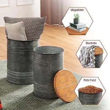 Glitzhome Rustic End Table Set of 2, Farmhouse Galvanized Metal Barrel Ottoman Storage Stool with Round Wood Lid for Living Room Furniture, Grey