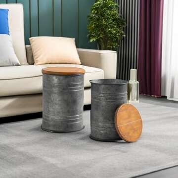 Glitzhome Rustic End Table Set of 2, Farmhouse Galvanized Metal Barrel Ottoman Storage Stool with Round Wood Lid for Living Room Furniture, Grey
