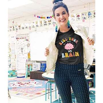 FLOYU Women Teacher Shirts Kiss Your Brain Teacher Shirt Special Education Teacher Tops Casual Teacher Life Clothes Dark Grey