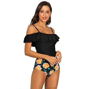 JOXJOZ Women Off Shoulder Two Piece Swimsuit Flounce Tankini Top High Waisted Bottom Bikini Set Swimwear (Black Top, S)
