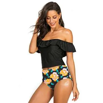 JOXJOZ Women Off Shoulder Two Piece Swimsuit Flounce Tankini Top High Waisted Bottom Bikini Set Swimwear (Black Top, S)