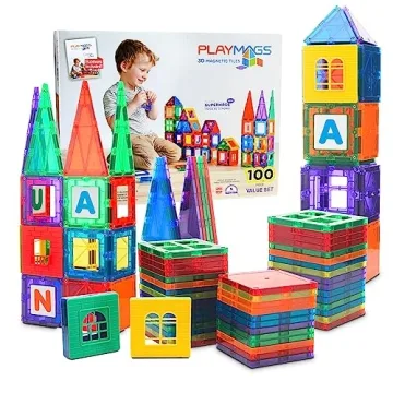 Playmags 100-Piece Magnetic Tiles Set for Kids