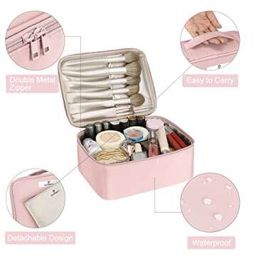 Pocmimut Makeup Bag Cosmetic Bag Travel Makeup Bag for Women Large Make Up Bag with Brush Holder Toiletry Bag(Baby Pink)