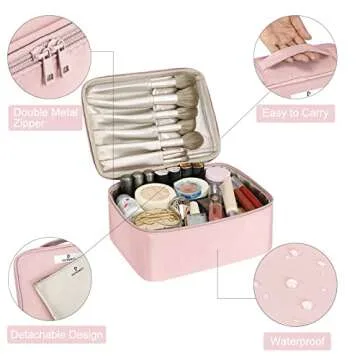 Pocmimut Makeup Bag Cosmetic Bag Travel Makeup Bag for Women Large Make Up Bag with Brush Holder Toiletry Bag(Baby Pink)
