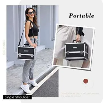 FRENESSA Makeup Train Case Large Cosmetic Box 6 Tier Trays with Compartments Professional Makeup Box Jewelry Storage Organizer Case Adjustable Bottom with Shoulder Strap - Black