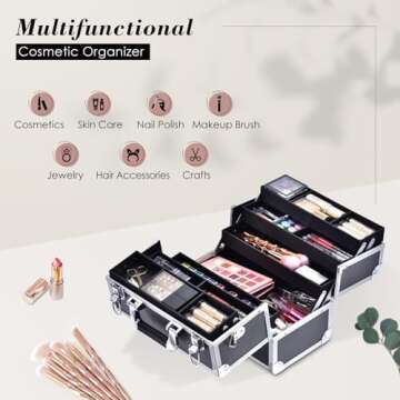 FRENESSA Makeup Train Case Large Cosmetic Box 6 Tier Trays with Compartments Professional Makeup Box Jewelry Storage Organizer Case Adjustable Bottom with Shoulder Strap - Black